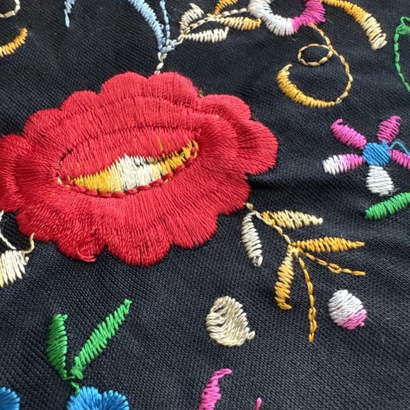 VTG Black Polyester Floral Embroidery Piano Triangle Shawl‎ Boho Hippie Shrug main image 4